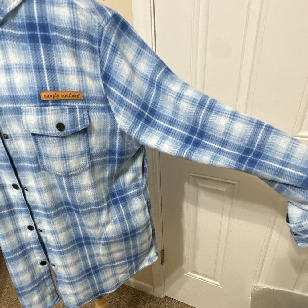 Simply Southern Women’s Blue/White Plaid Shacket Jacket Button Front Collared XL - Picture 5 of 13